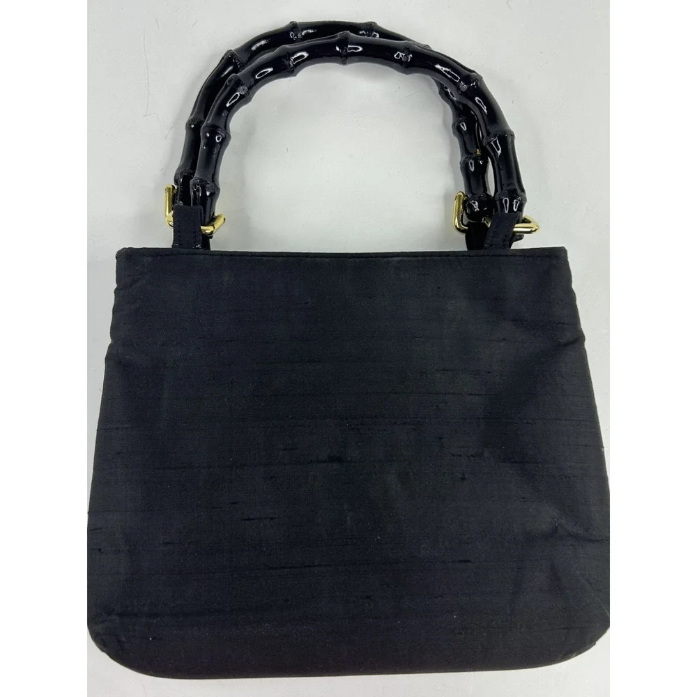 Vintage Mc Designs by Marjorie Purse Black Raw Silk Bamboo Handles Thistle Crest
